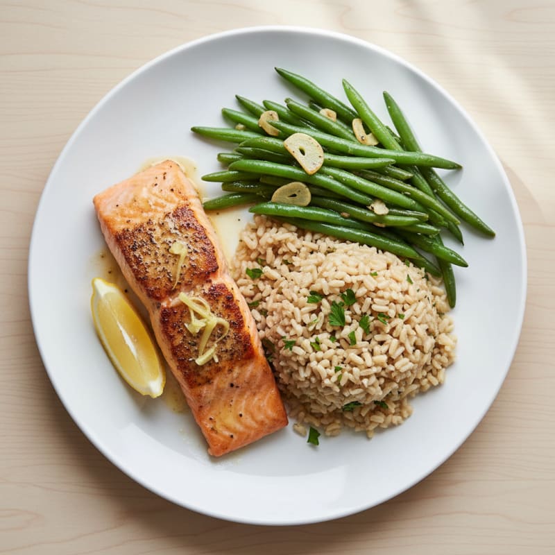 Seared Salmon Fillet with Garlic Green Beans and Brown Rice
