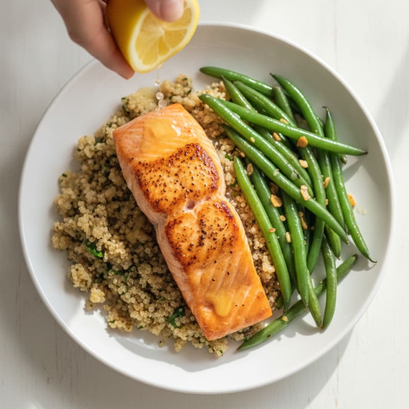 Seared Salmon Fillet with Garlic Green Beans and Quinoa Pilaf