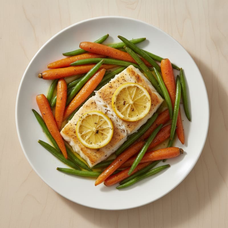 Baked Cod with Roasted Carrots and Steamed Green Beans