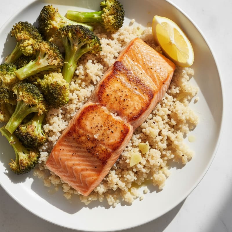 Seared Salmon Fillet with Roasted Broccoli and Garlic Quinoa