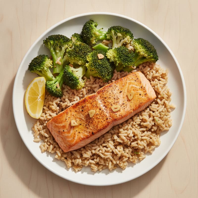 Seared Salmon with Steamed Broccoli and Garlic Brown Rice