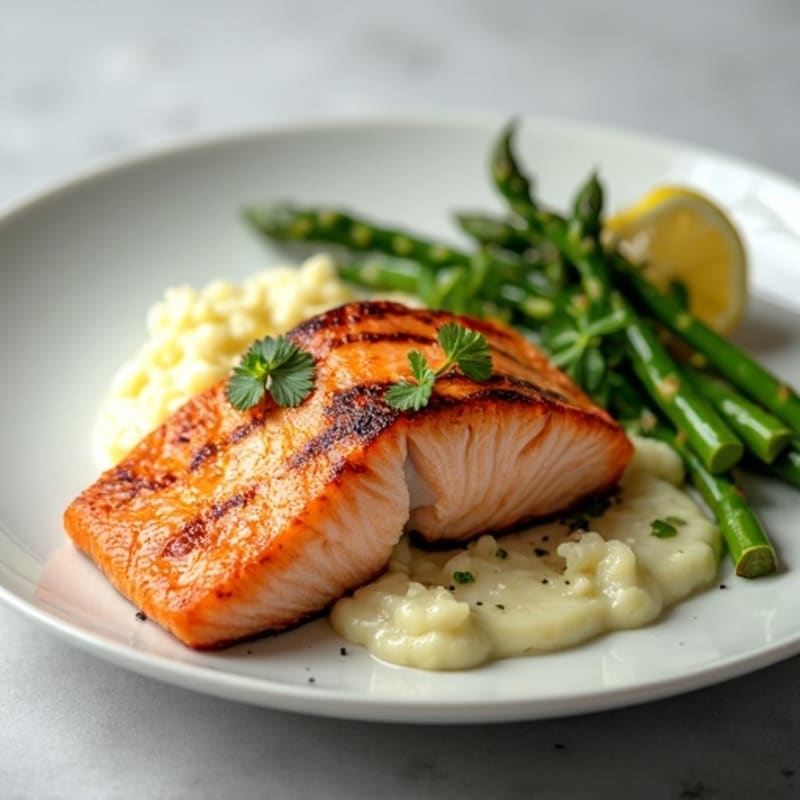 Seared Salmon with Roasted Asparagus and Cauliflower Mash
