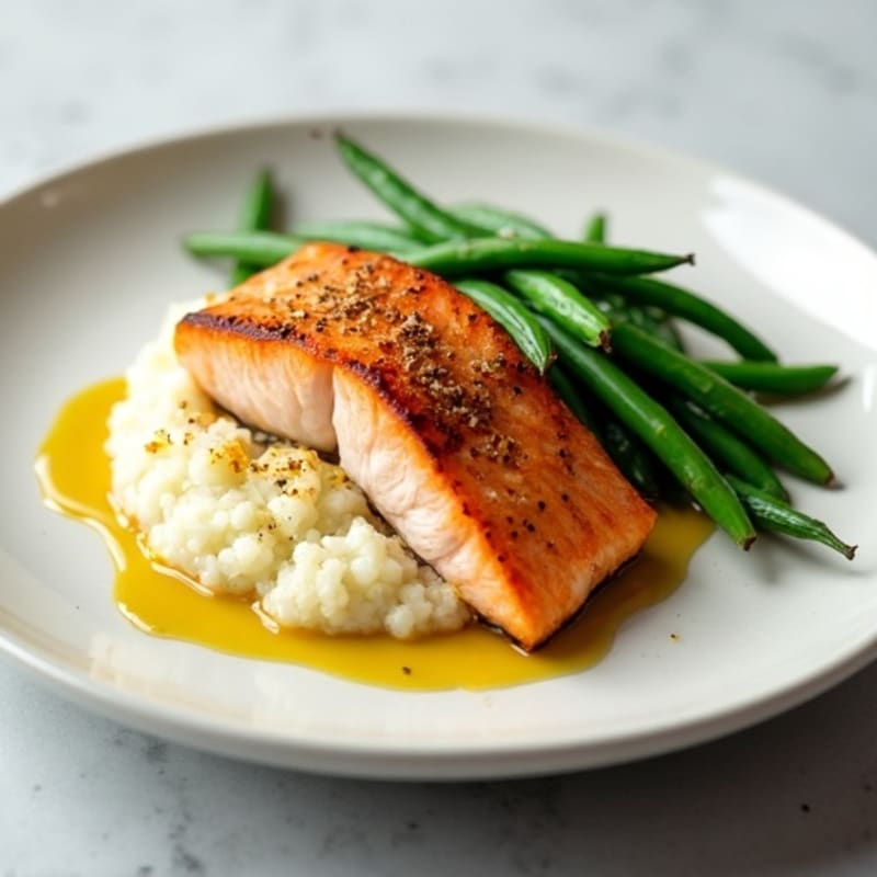 Seared Salmon with Steamed Green Beans and Cauliflower Mash