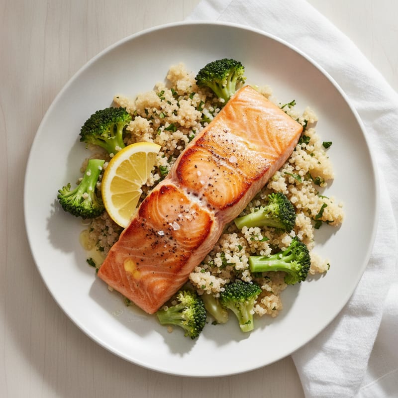 Seared Salmon Fillet with Steamed Broccoli and Quinoa