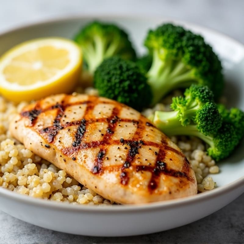 Grilled Lemon-Garlic Chicken Breast with Quinoa and Steamed Broccoli