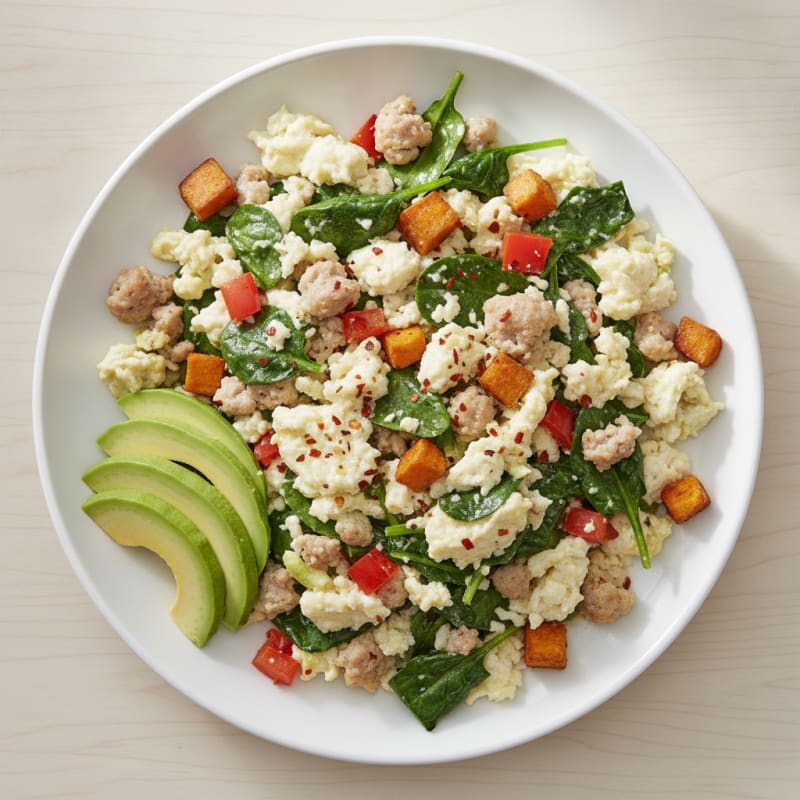 Egg White and Turkey Sausage Scramble with Sautéed Spinach