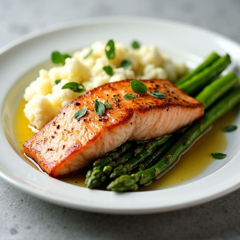 Seared Salmon with Steamed Asparagus and Garlic Mashed Cauliflower