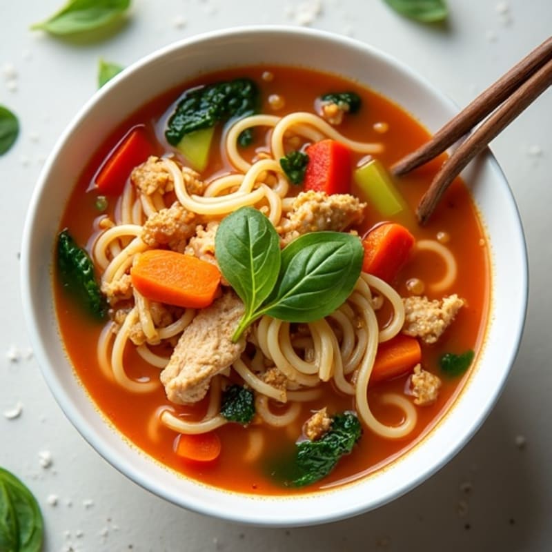 Spicy Sriracha Chicken Noodle Soup with Fresh Vegetables