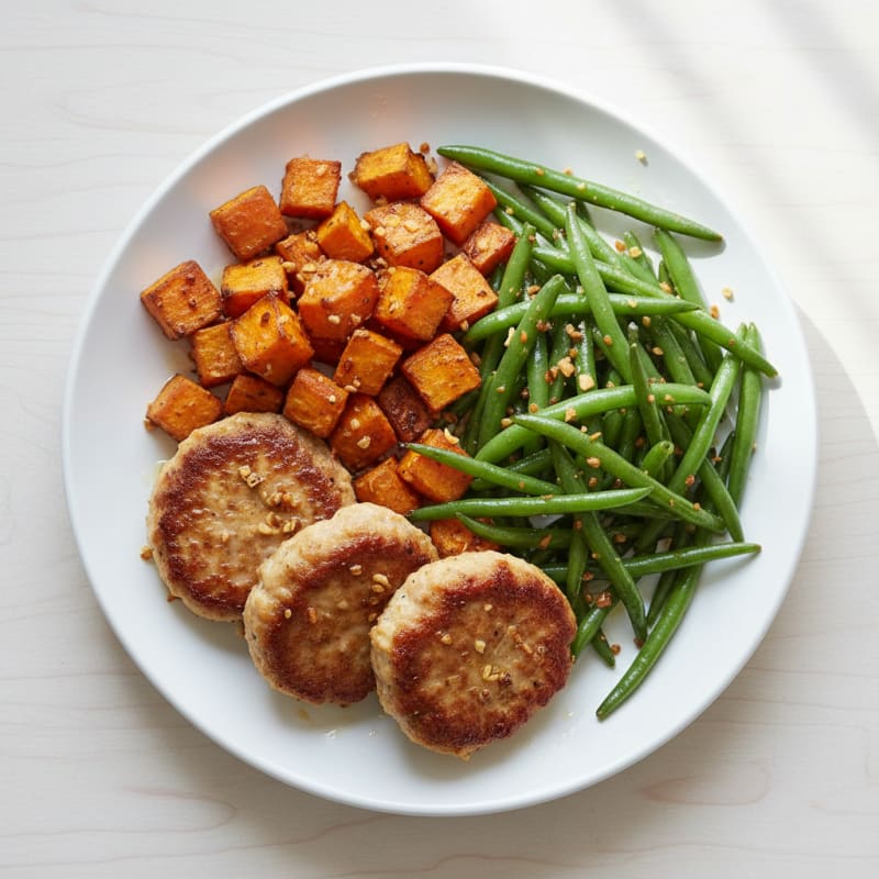 Seared Turkey Patties with Roasted Sweet Potato and Green Beans