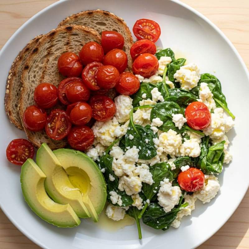 Egg White Spinach Scramble with Cottage Cheese and Cherry Tomatoes