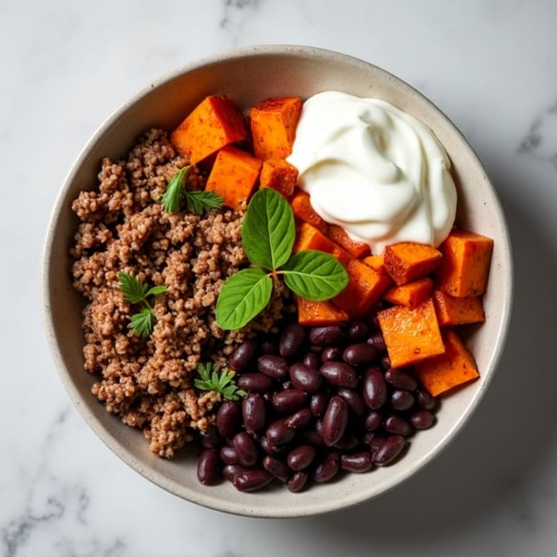 Seared Ground Beef and Roasted Sweet Potato Bowl