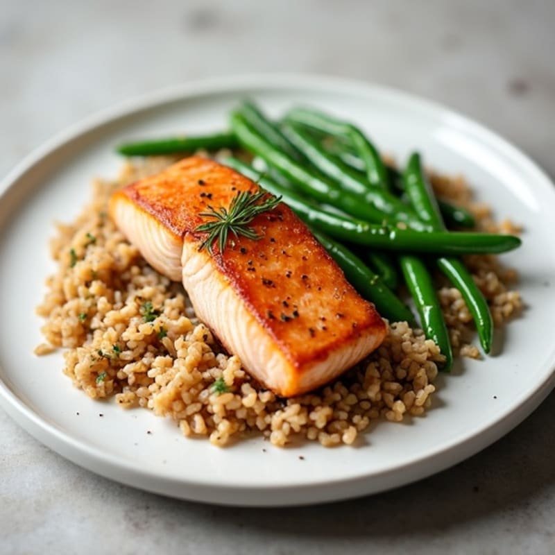 Pan Seared Salmon with Garlic Green Beans and Brown Rice