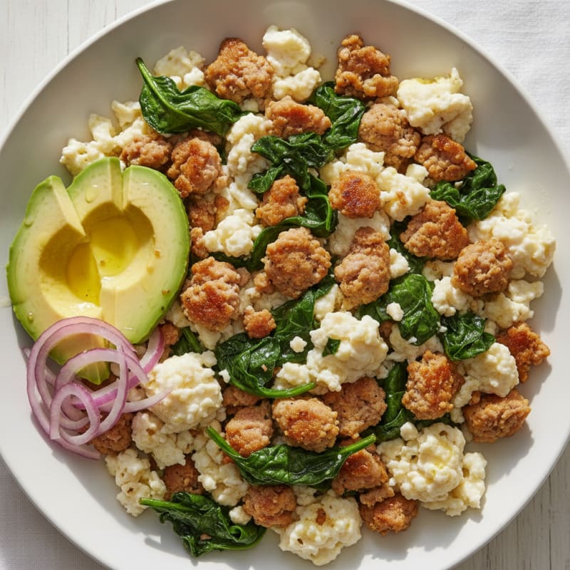 Egg White Scramble with Turkey Sausage and Sautéed Spinach