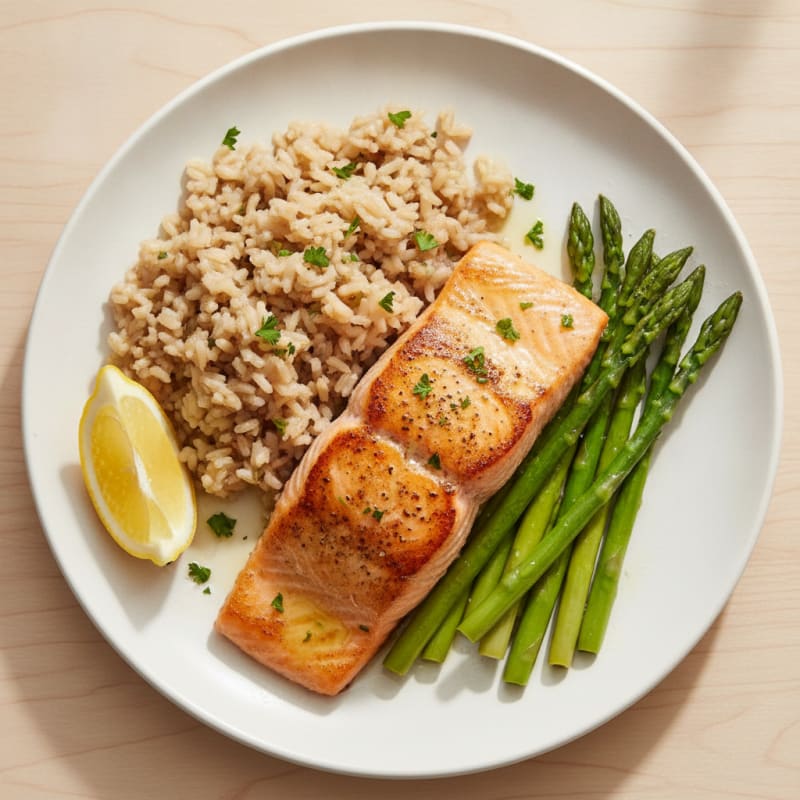 Seared Salmon Fillet with Steamed Asparagus and Herbed Brown Rice