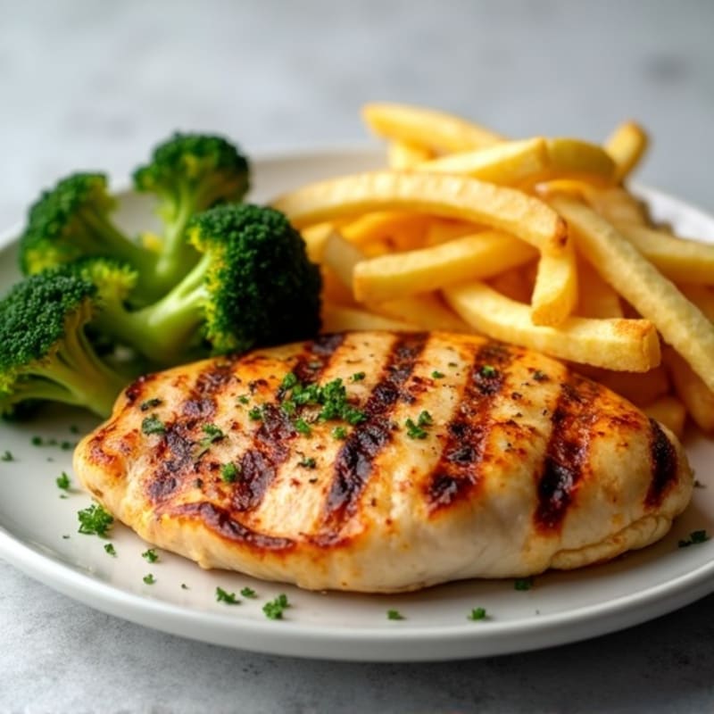Grilled Chicken Breast with Crispy Baked French Fries and Roasted Broccoli