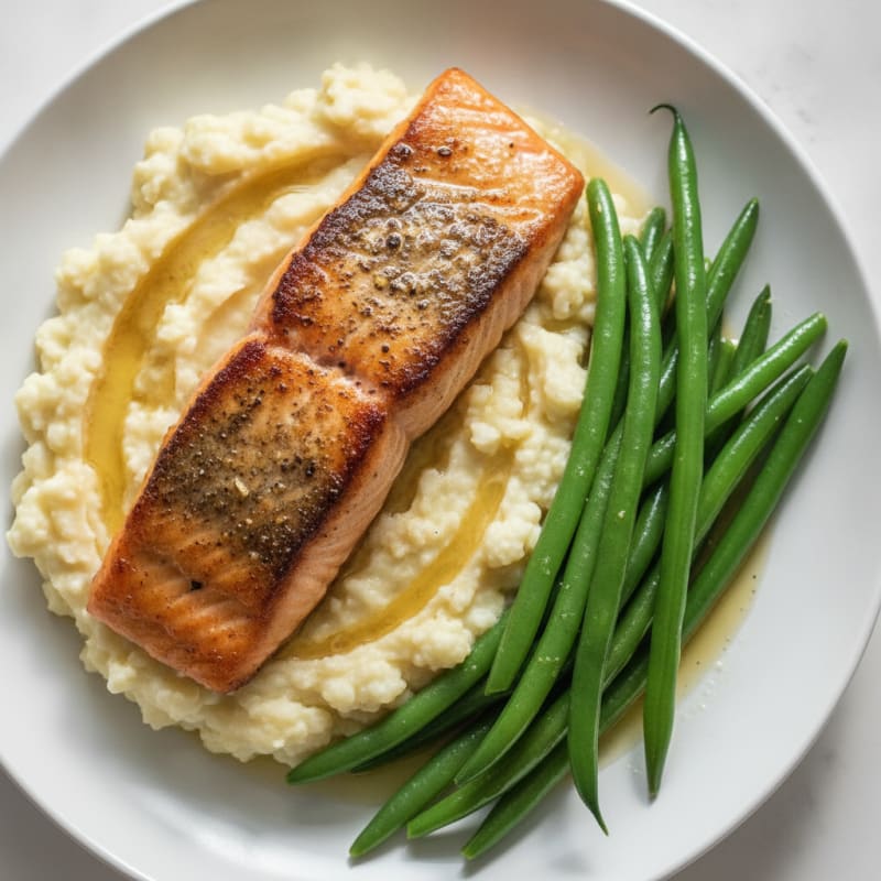 Seared Salmon Fillet with Steamed Green Beans and Garlic Mashed Cauliflower