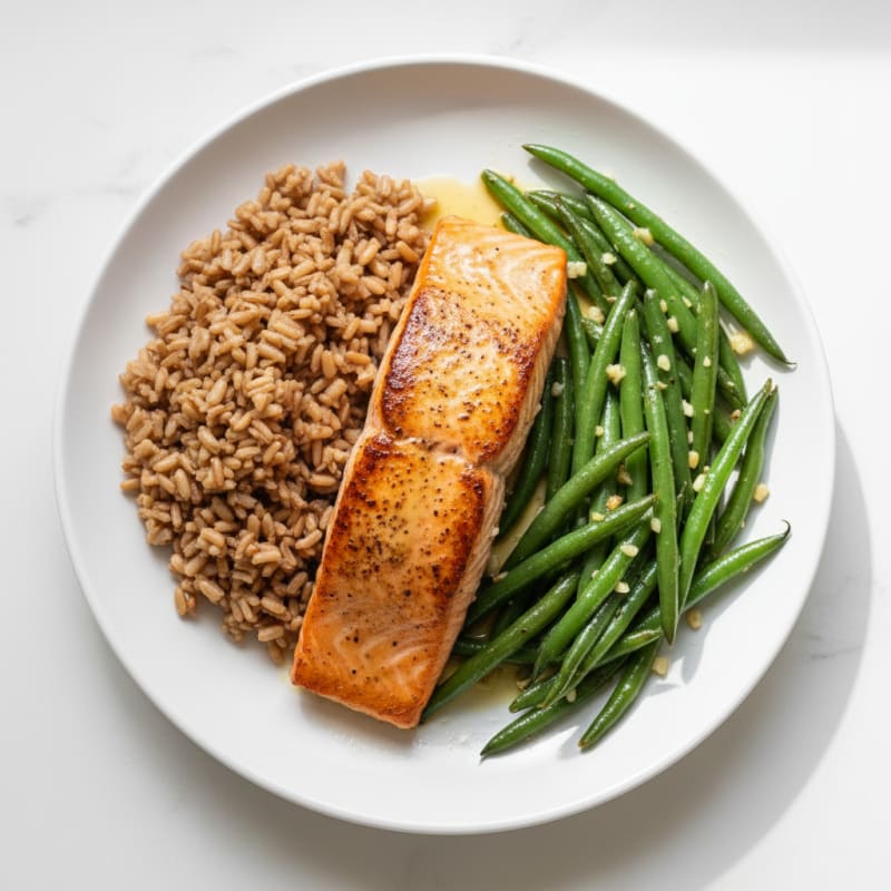 Seared Salmon with Garlic Green Beans and Brown Rice