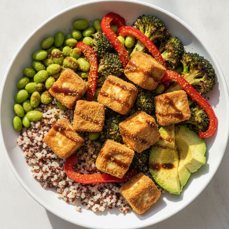 Crispy Tofu Power Bowl with Quinoa and Roasted Vegetables