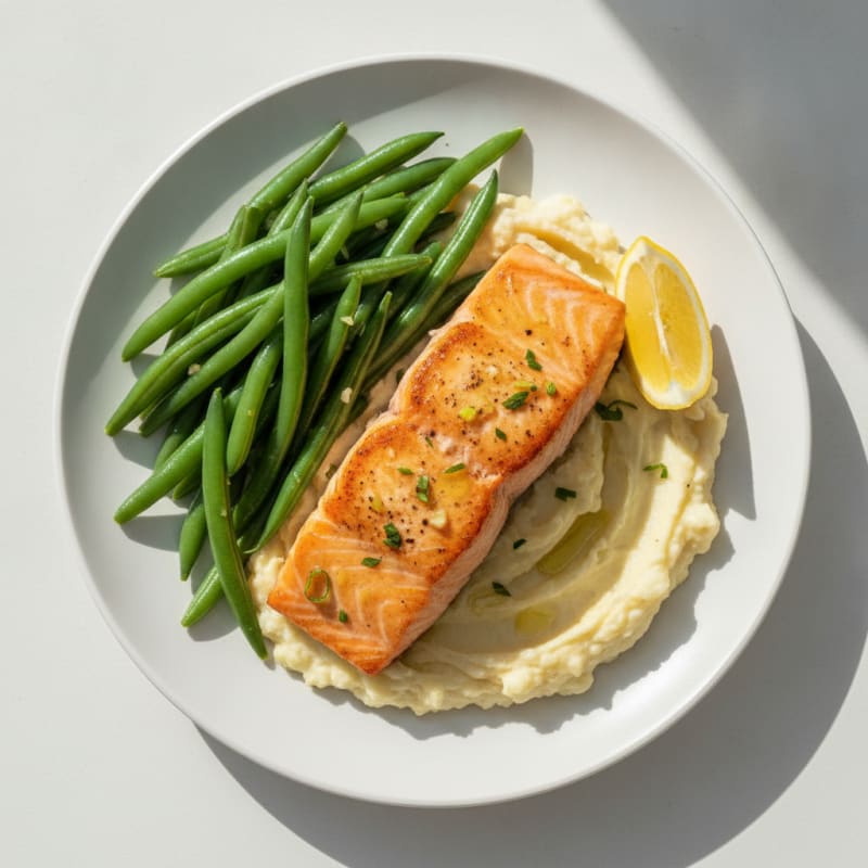 Seared Salmon with Steamed Green Beans and Garlic Mashed Cauliflower