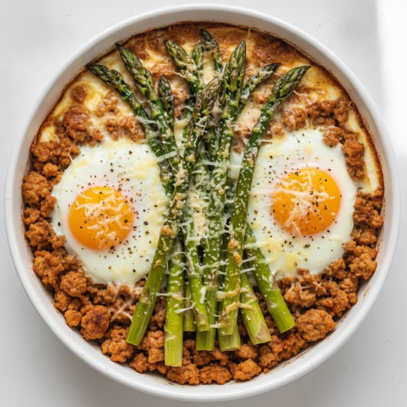 Baked Eggs with Roasted Asparagus and Turkey