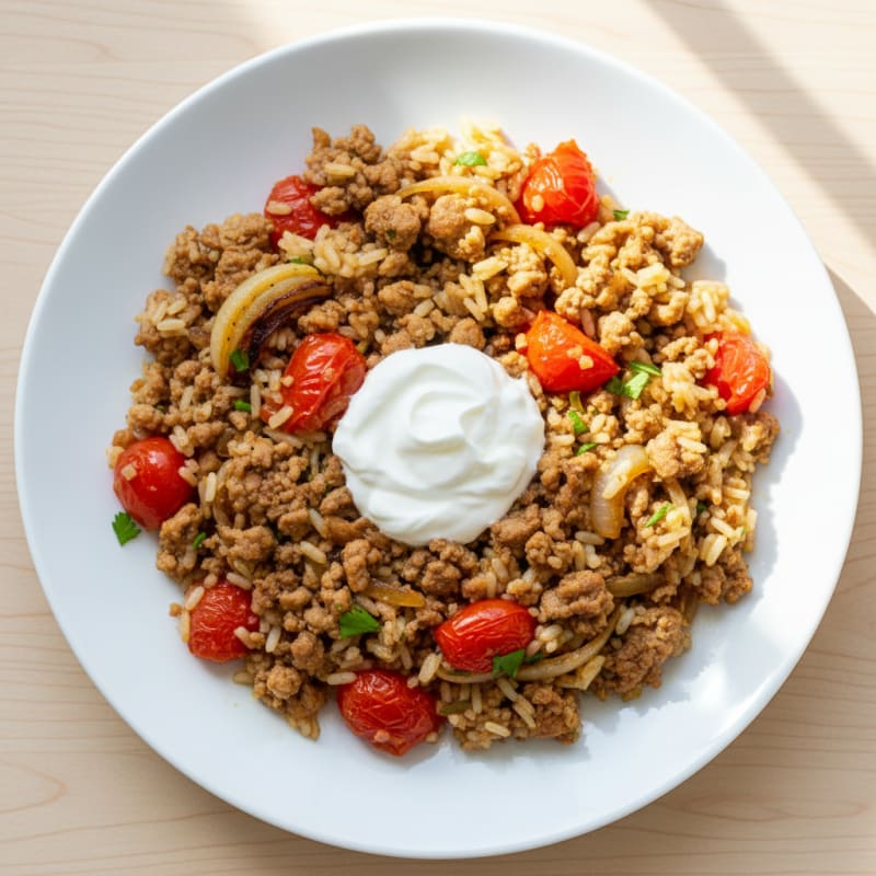Ground Turkey and Rice Skillet with Roasted Onions and Tomatoes