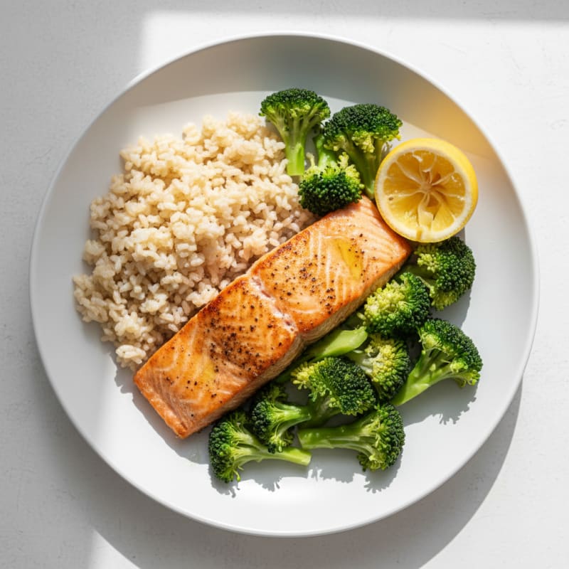 Seared Salmon with Steamed Broccoli and Brown Rice