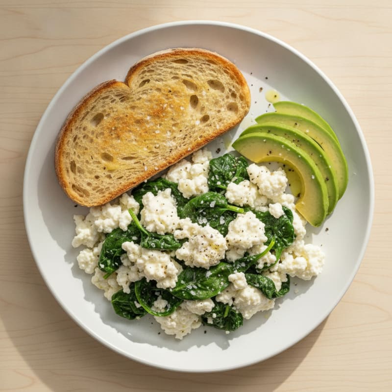 Egg White and Cottage Cheese Scramble with Sautéed Spinach