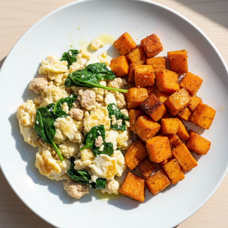 Egg White and Turkey Spinach Scramble with Roasted Sweet Potato