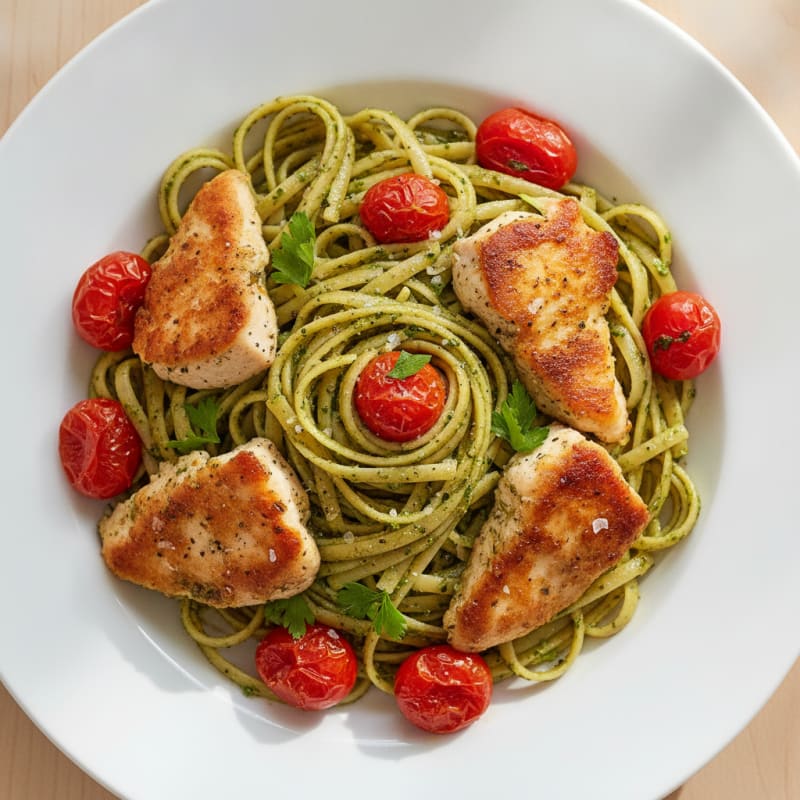 Pesto Chicken Linguine with Blistered Tomatoes
