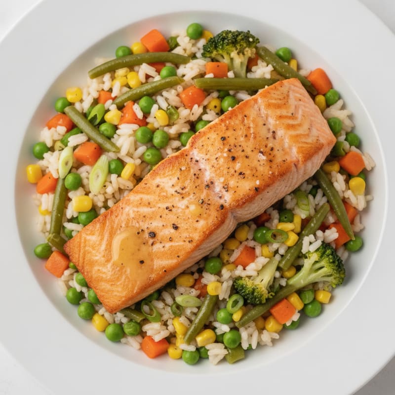 Pan-Seared Salmon with Garden Vegetable Rice