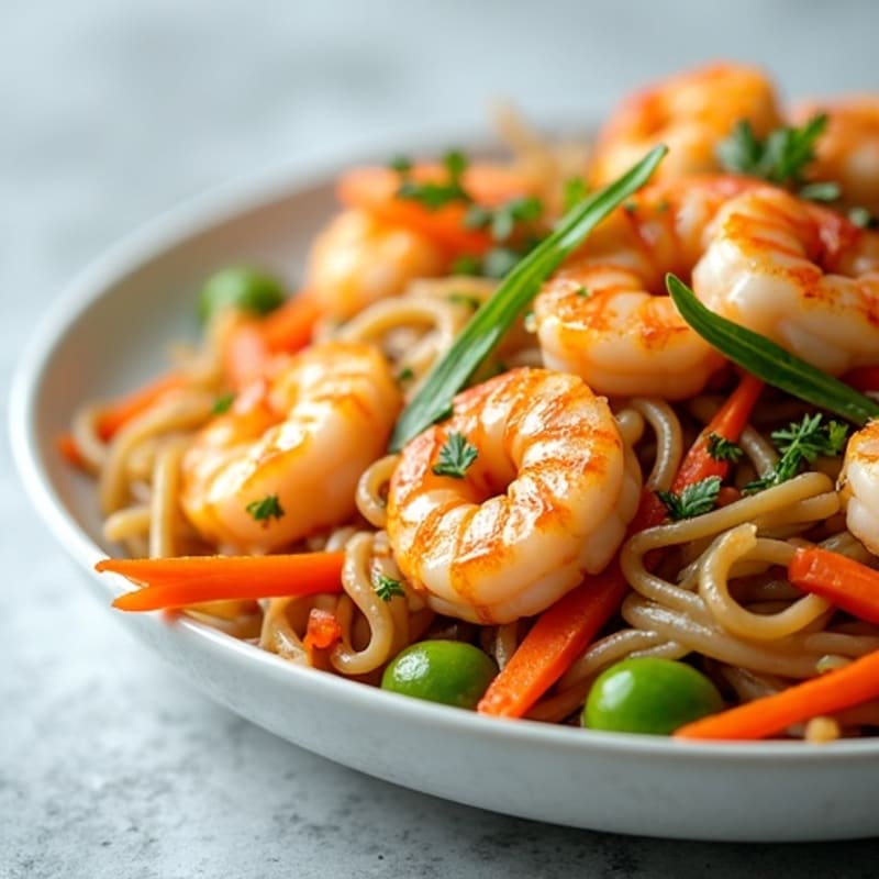 Pan-Seared Shrimp with Silky Rice Noodles and Fresh Vegetables