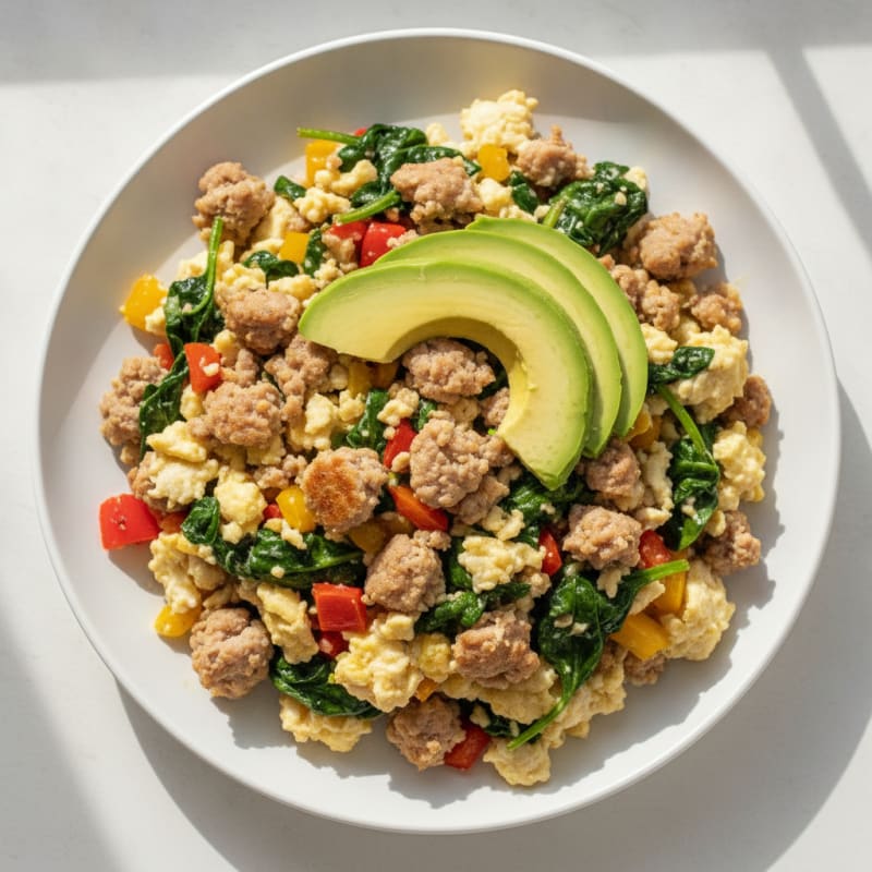 Egg White and Turkey Sausage Scramble with Spinach and Bell Peppers