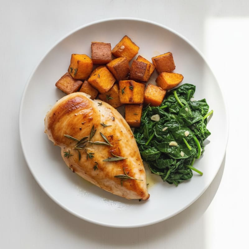Herb-Seared Chicken Breast with Roasted Sweet Potatoes and Wilted Spinach