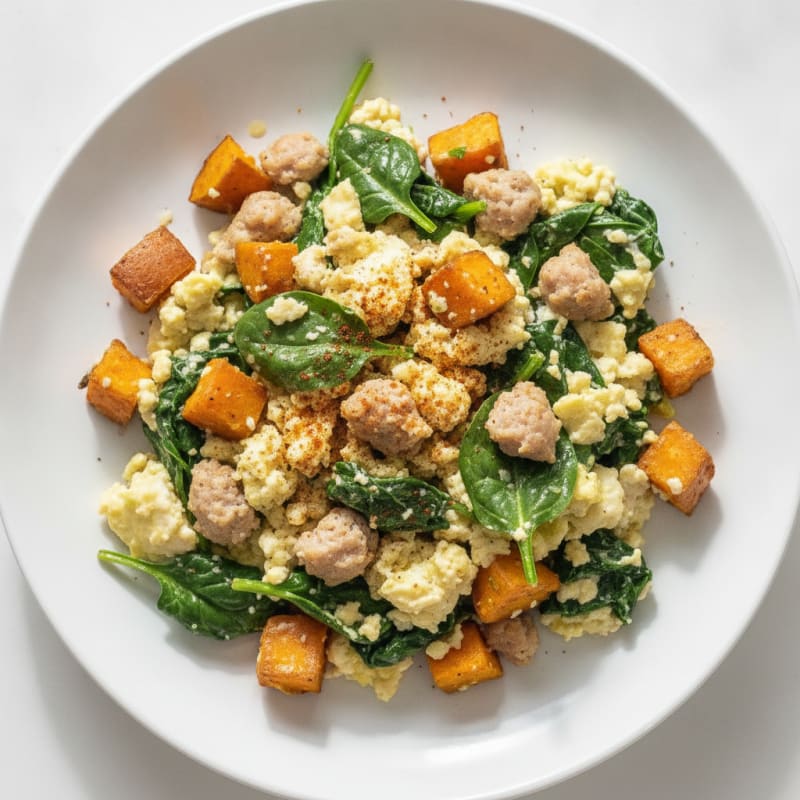 Egg White and Turkey Sausage Scramble with Sautéed Spinach and Sweet Potatoes