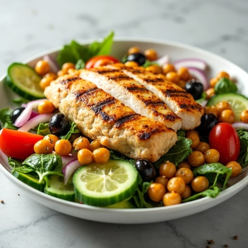 Grilled Chicken Greek Salad with Roasted Chickpeas