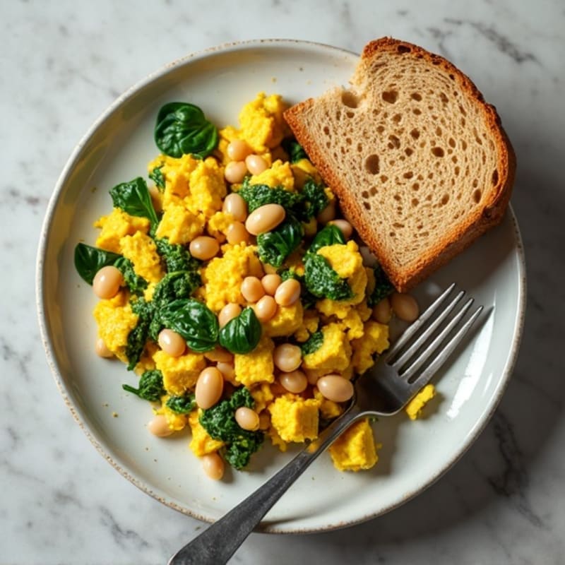 Silky Tofu Scramble with White Bean Mash and Spinach
