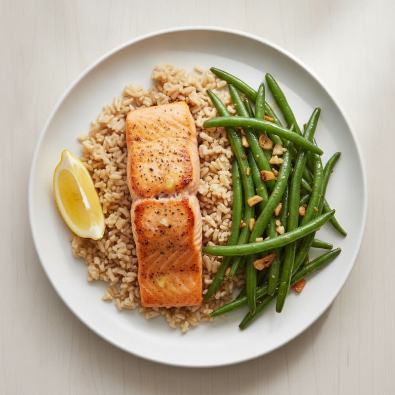Seared Salmon Fillet with Garlic Green Beans and Brown Rice