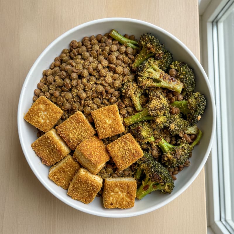 Crispy Tofu and Lentil Power Bowl with Roasted Broccoli