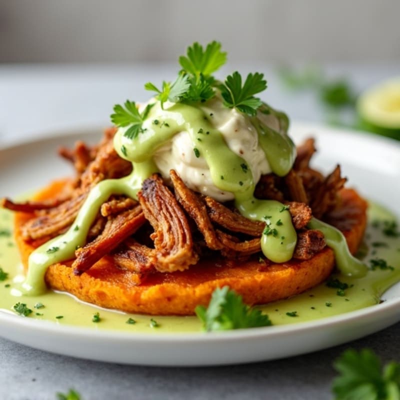 Crispy Pulled Pork Sweet Potato Nachos with Fresh Avocado Crema