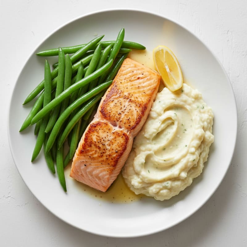 Seared Salmon with Steamed Green Beans and Garlic Mashed Cauliflower