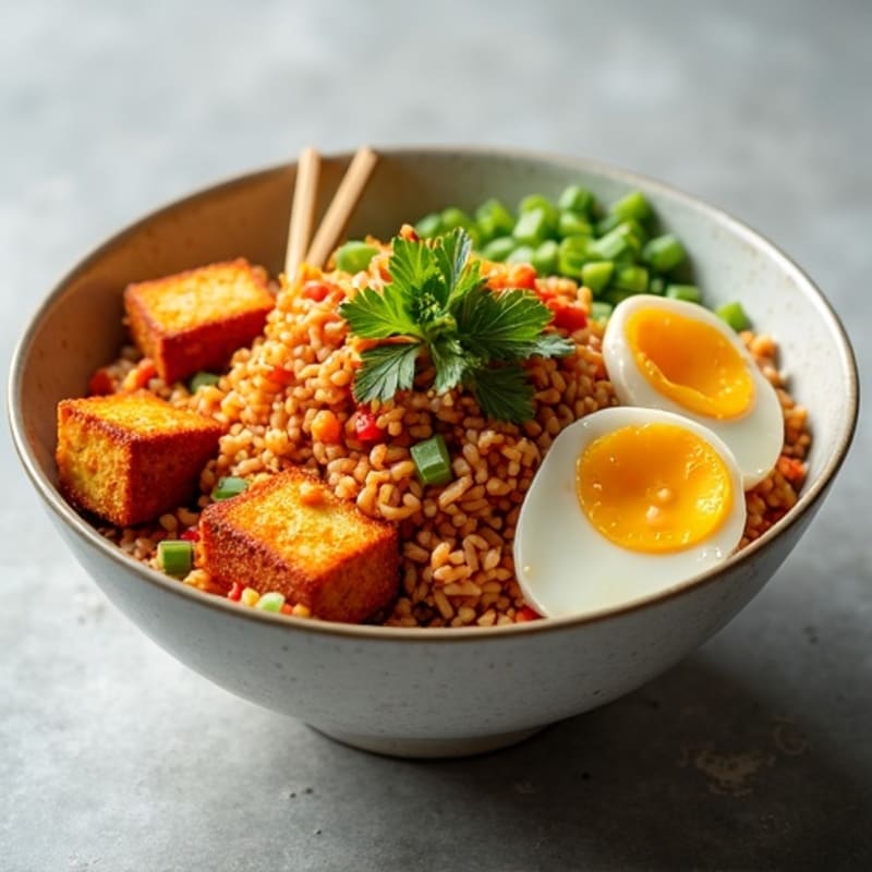 Kimchi Fried Rice with Crispy Tofu and Fresh Vegetables