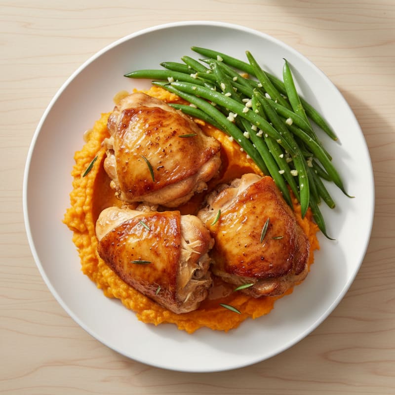 Oven-Baked Chicken Thighs with Garlic Green Beans and Sweet Potato Mash