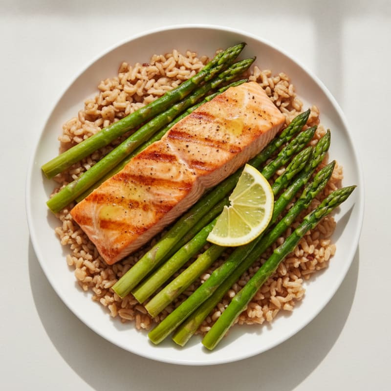 Seared Salmon with Steamed Asparagus and Brown Rice