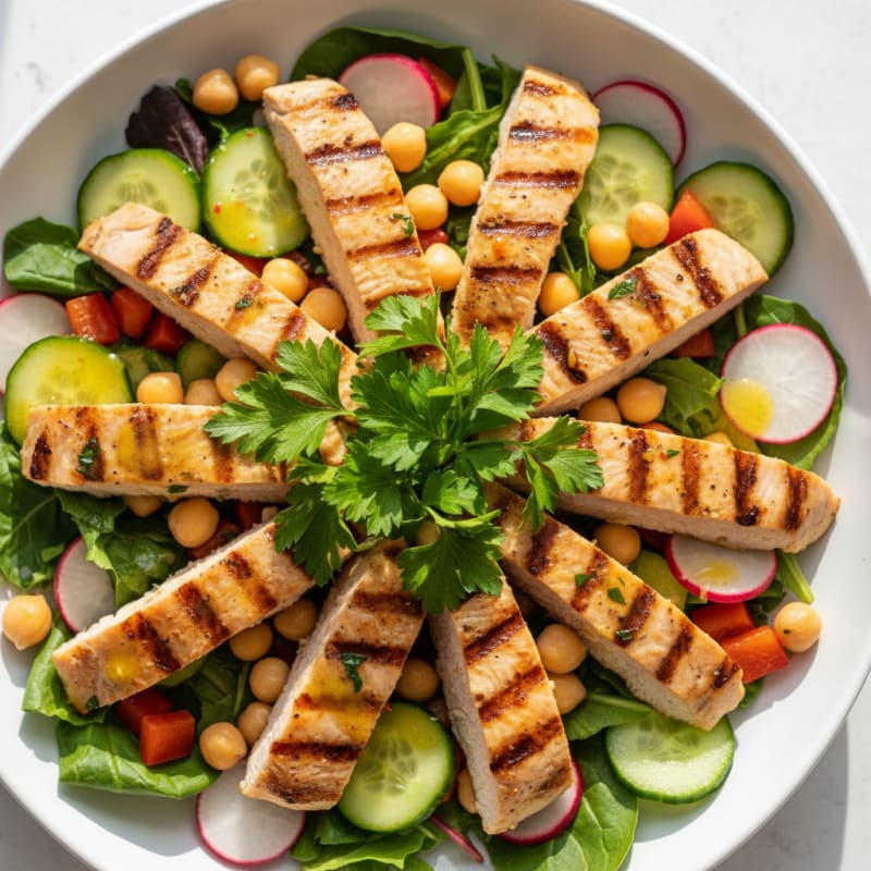 Grilled Turkey Breast Salad with Chickpeas and Crunchy Vegetables