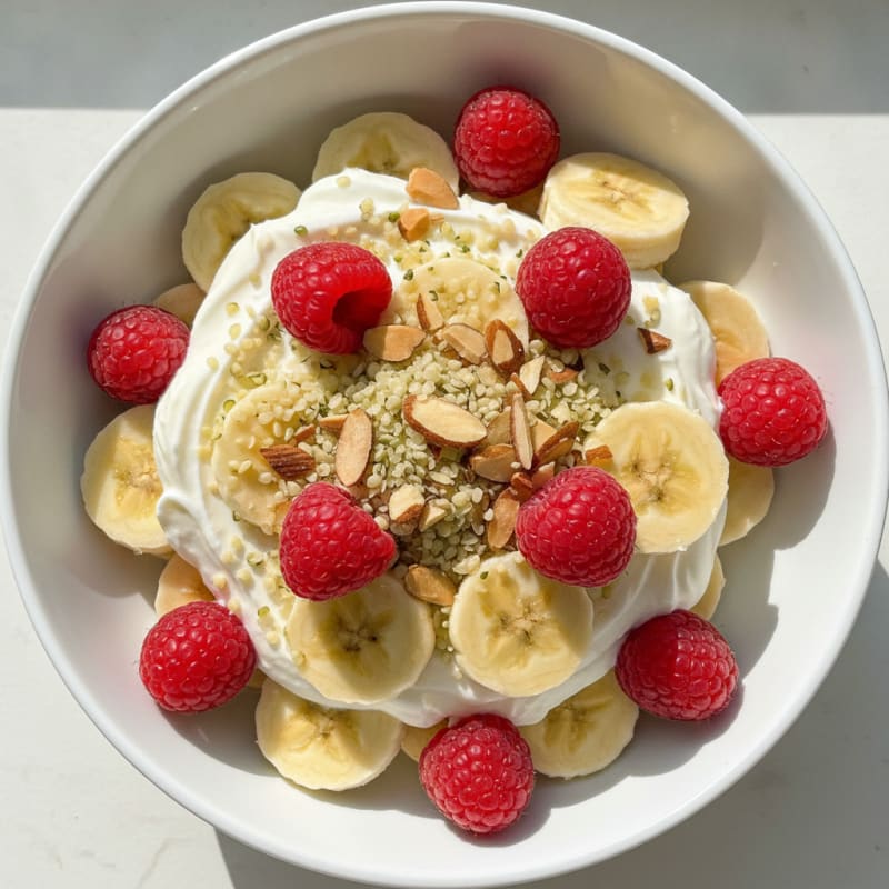 Protein Greek Yogurt Parfait with Raspberries and Banana