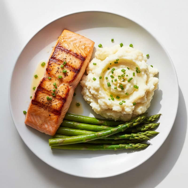 Seared Salmon with Steamed Asparagus and Garlic Mashed Cauliflower