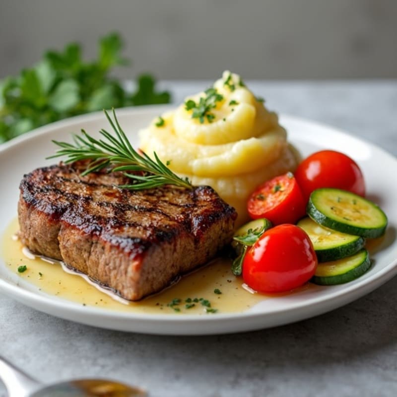 Seared Steak with Herb Mashed Potatoes and Sautéed Vegetables