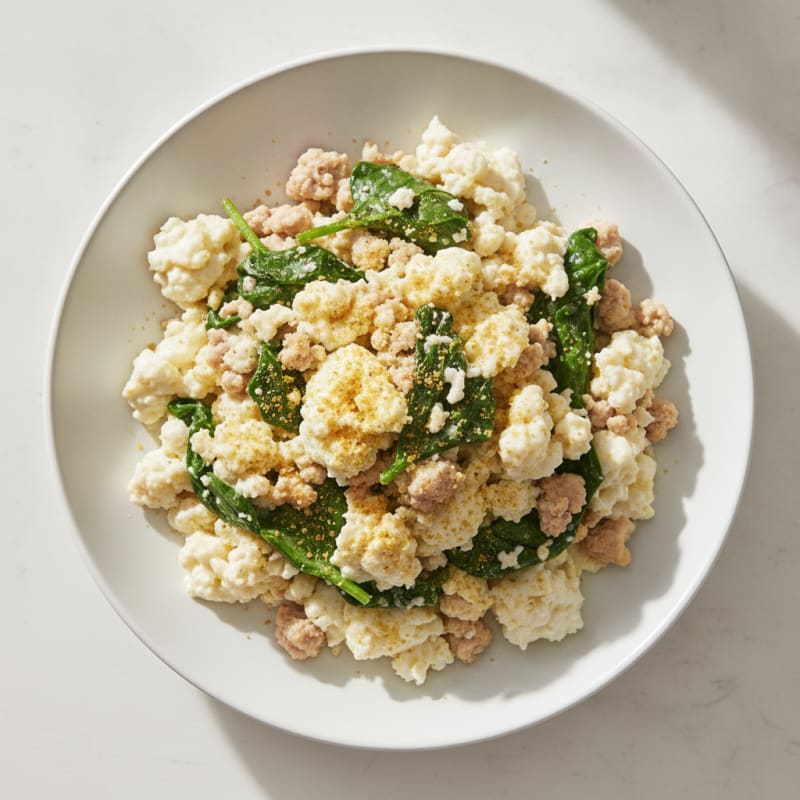 Egg White and Turkey Scramble with Sautéed Spinach