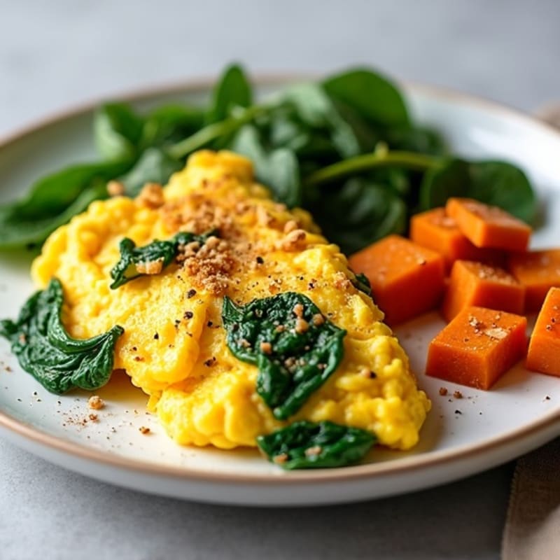 Fluffy Scrambled Eggs with Sautéed Spinach and Roasted Sweet Potatoes