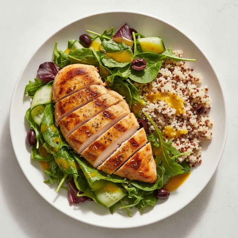 Grilled Chicken Breast with Crunchy Mixed Greens Salad and Quinoa